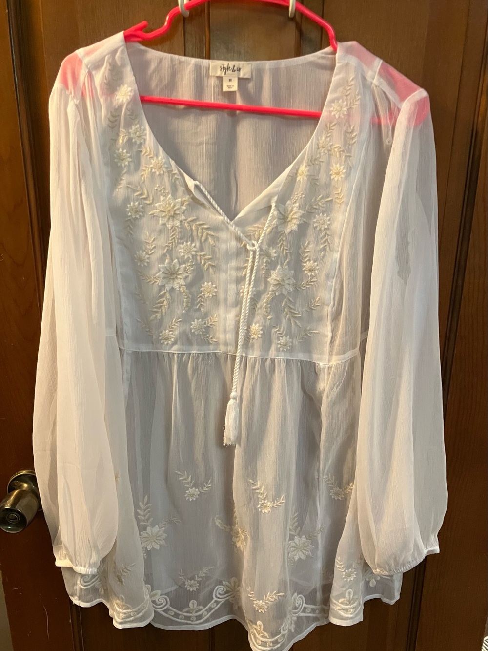 Style & Co. White Embroidered Sheer Peasant Tunic